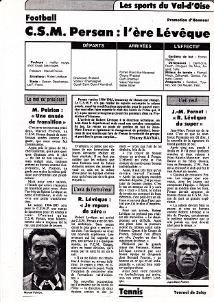 Le journal « Le Parisien » titre sur l’arrivée de Robert Lévêque dans le club de Persan à l’orée de la saison 1984-1985 (archives Bernard Fourré).